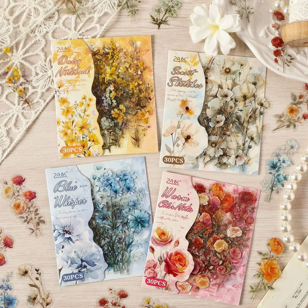 Journamm 30pcs Floral Themed Patterns PET Collage Sticker DIY Scrapbooking Collage Decor Junk Journal Aesthetics Sticker