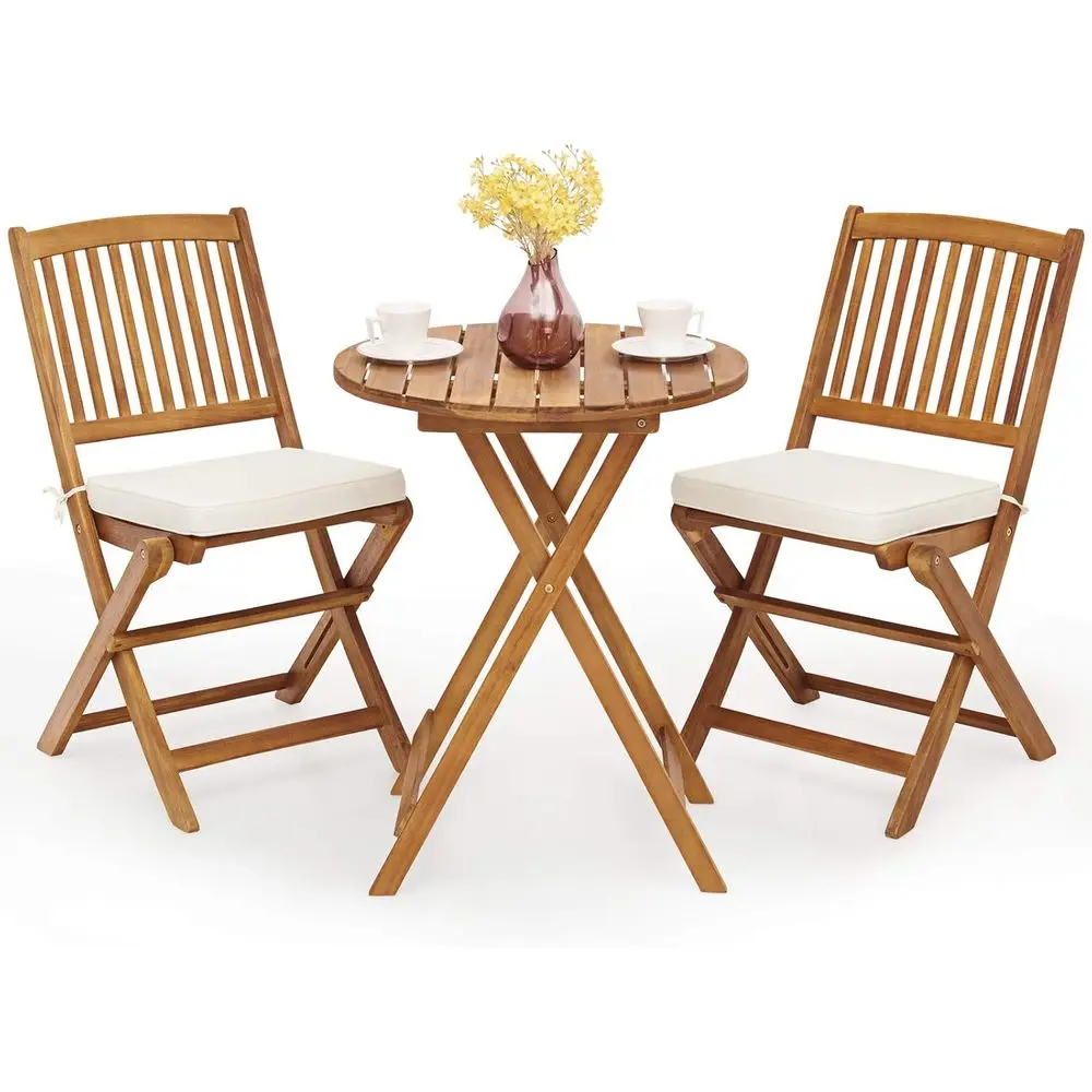 

Outdoor Patio Bistro Set with Folding Wooden Table and 2 Cushioned Chairs for Garden and Yard Use in Natural and Beige Tones