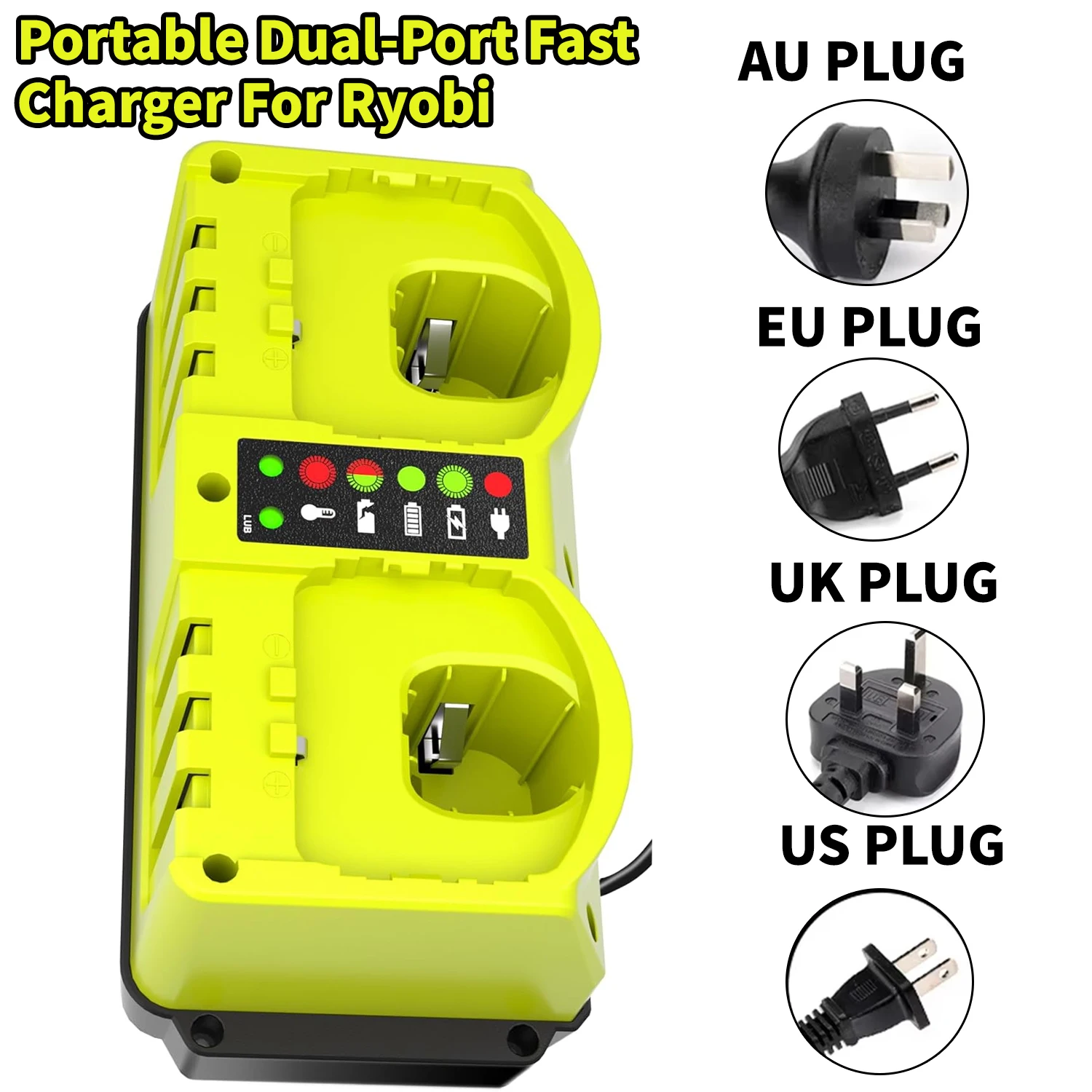 Dual-Port Fast Charger Replacement for Ryobi 18 V Battery，With LED Indicator and EU/US/UK/AU charge Plug[ Battery Not Included ]