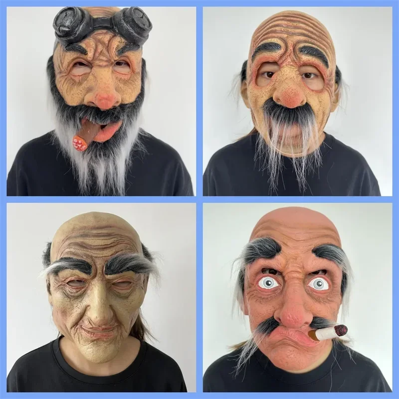 Halloween latex mask, old man smoking a cigarette, grandpa, old man terrifying mask, Halloween party props cosplay