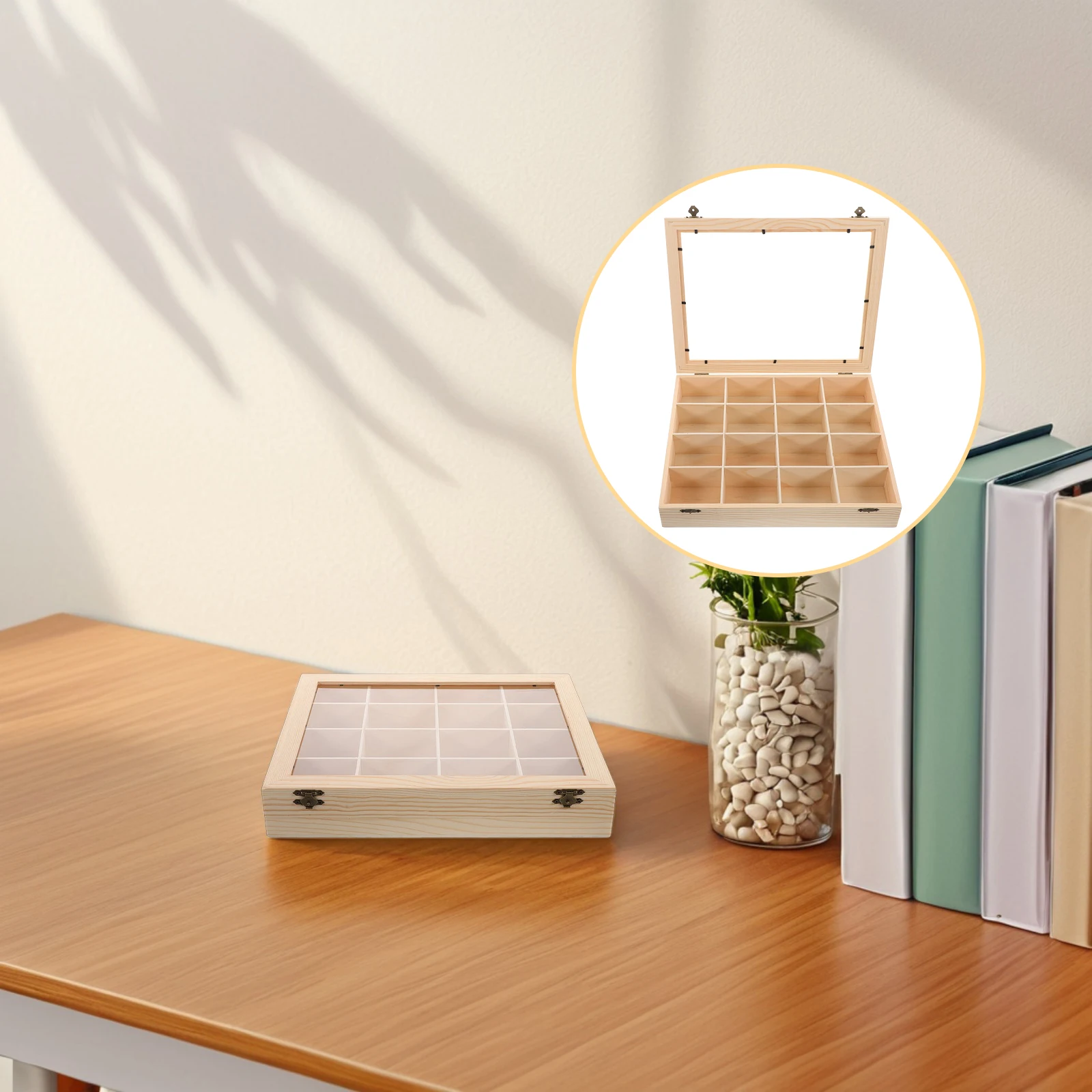 

Rock Storage Organizer Box Clear Lid Display Case Wooden Khaki for and Mineral Collection