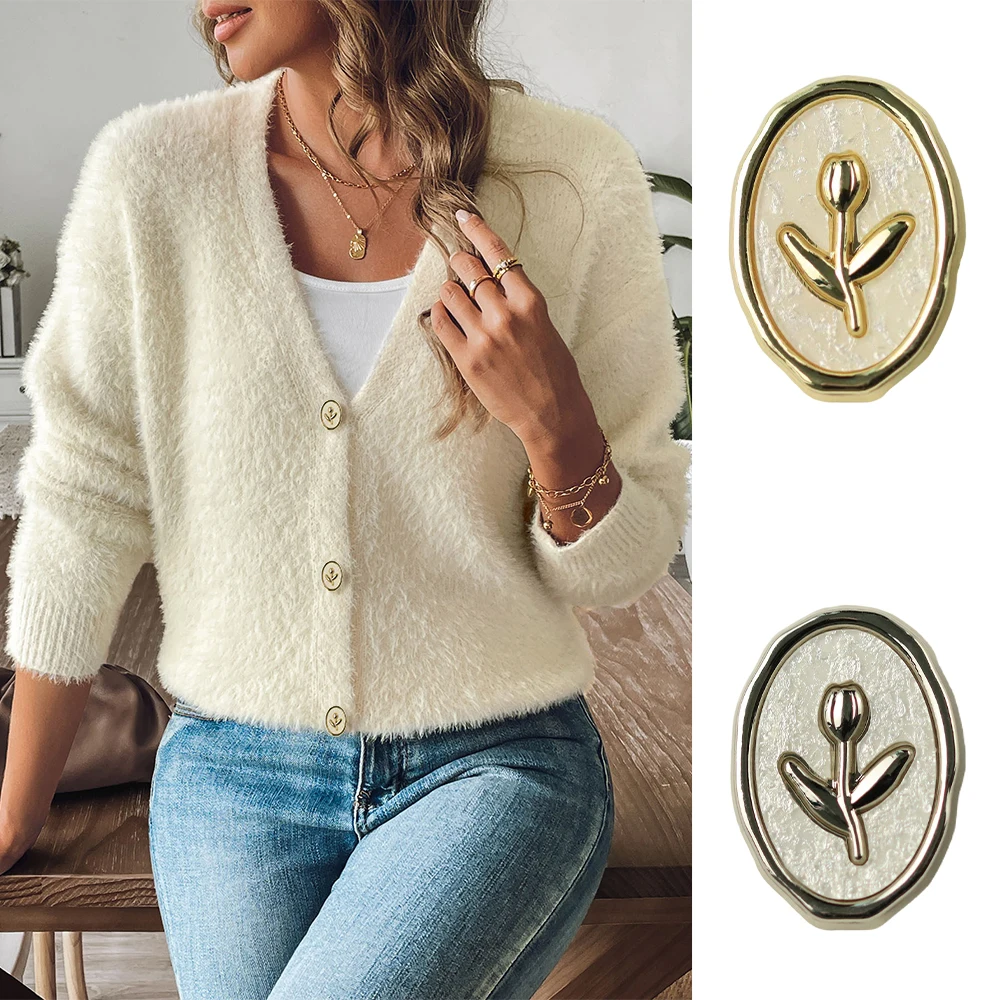 

10 Pieces for A Set of Beautiful Vintage Tulip Design Oval Metal Buttons, Sweater Coat Casual Blazer Jacket Decorative Buttons