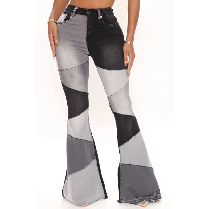 

Long Pant Fall Fashion plus Size Women's Elastic Denim Wide Leg Trendy Patchwork Jeans Casual High Waist Trousers 여성바지