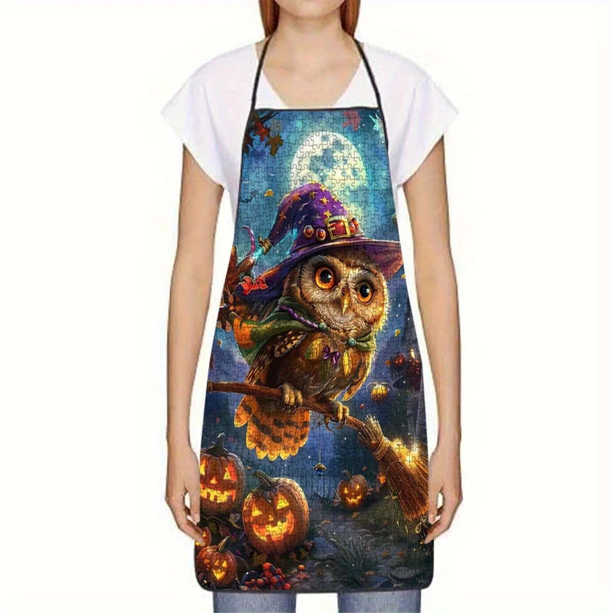 1pc Elegant Witch Owl Broomstick Design Apron - Magical Kitchen Cooking Party Costume Apparel for Women Men Durable