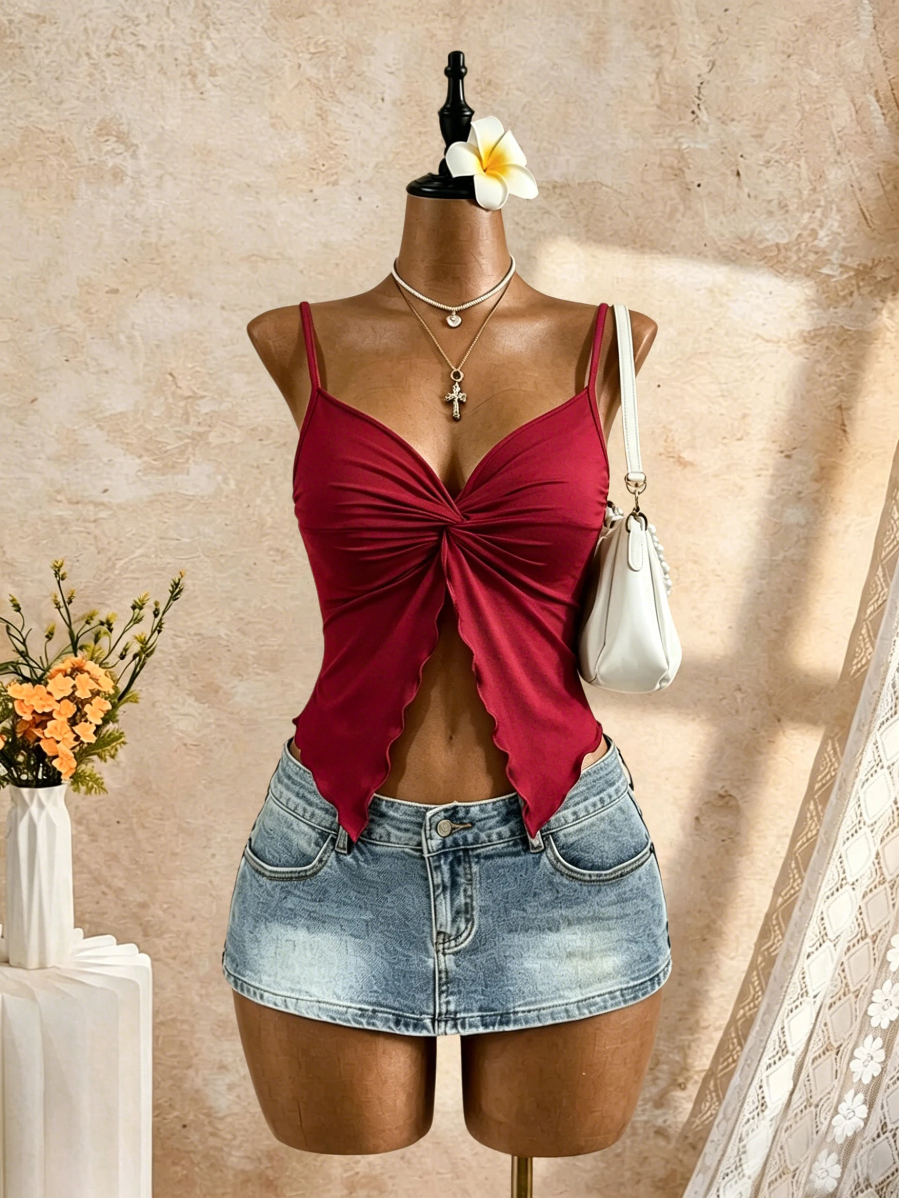 Damen Spaghetti-Träger V-Ausschnitt Twist-Front Cut-Out Rüschen Unregelmäßiger Saum Slim Fit Crop Cami Top 2026 Sommer Y2K Einfarbig Weiß Ärmellos – Detail 4