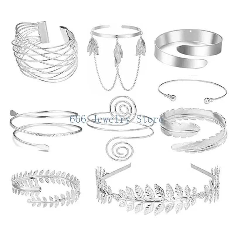 F2TD Assorted Open Cuff Bracelet Set, 8 Metal Arm and Wrist Accessories with Mixed Leaf, Wire and Chain Design Details