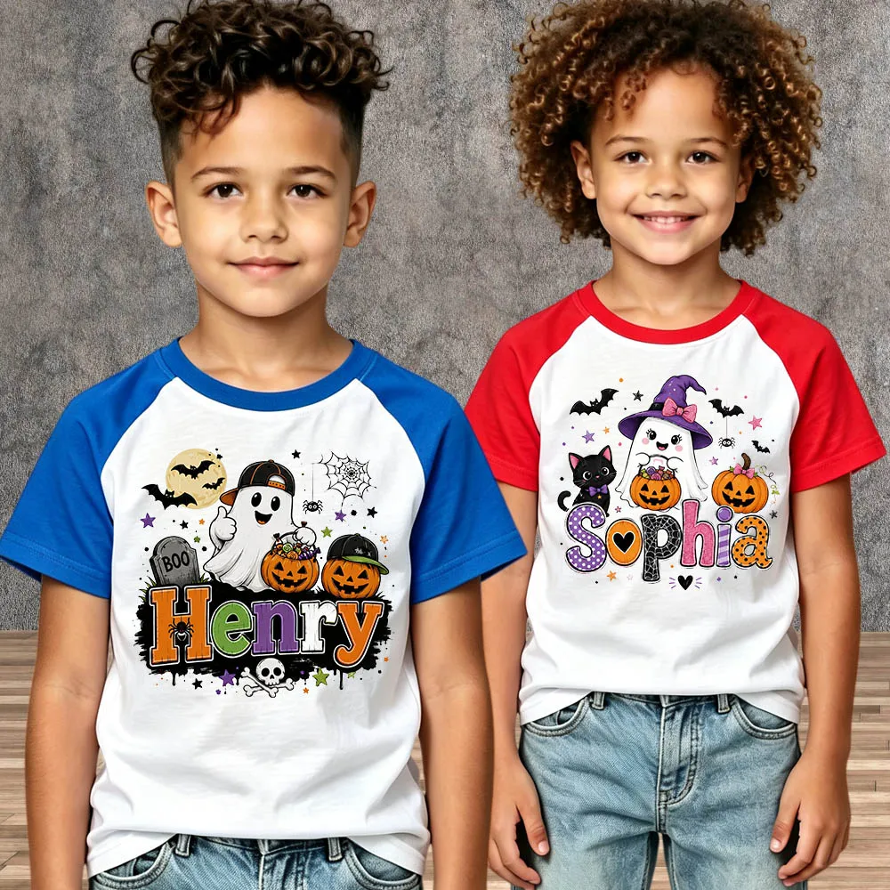Custom Kids Name Toddler Halloween T‑Shirt Ghost Pumpkin Pattern Cotton Short Sleeve Boys Girls Children Casual Halloween Tops