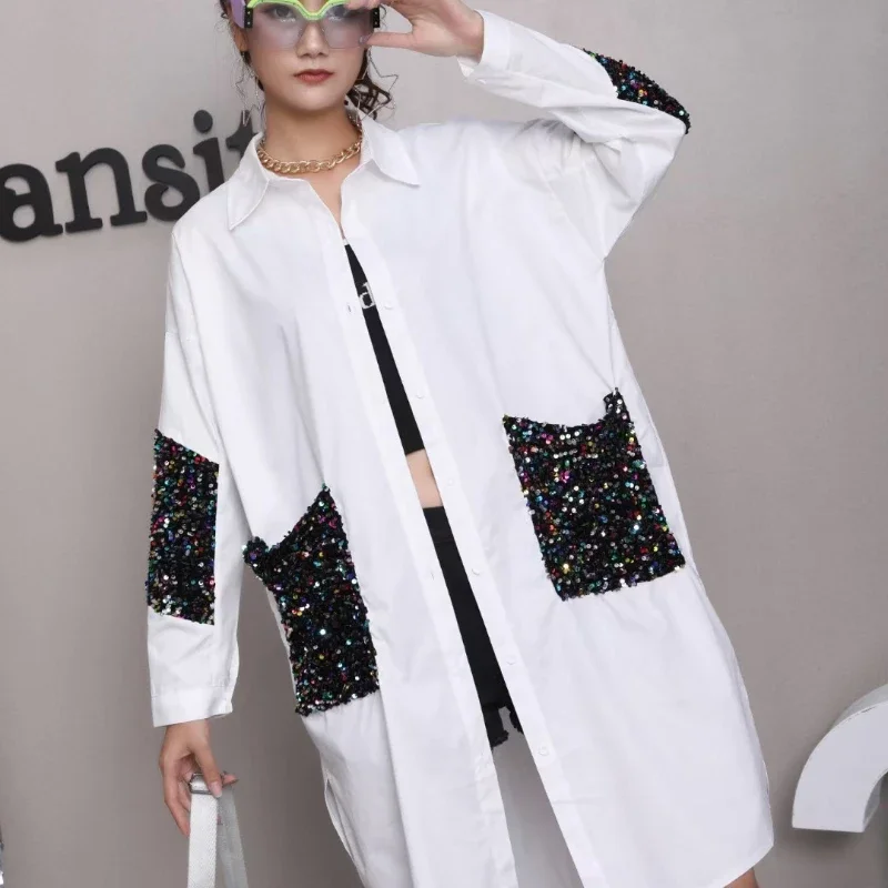 Women Shirt Blouse Buttons Long Sleeves Trench Coat Retro Streetwear Jackets Korean Fashion New Sequin