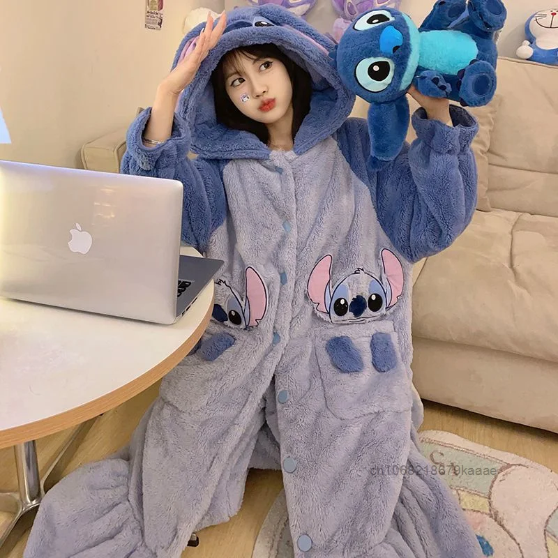 Disney Stitch Coral Velvet Sleeping Robe Korean Version Cute Fashion Thick Nightwear Women\'s Winter New Flannel Home Clothes Set