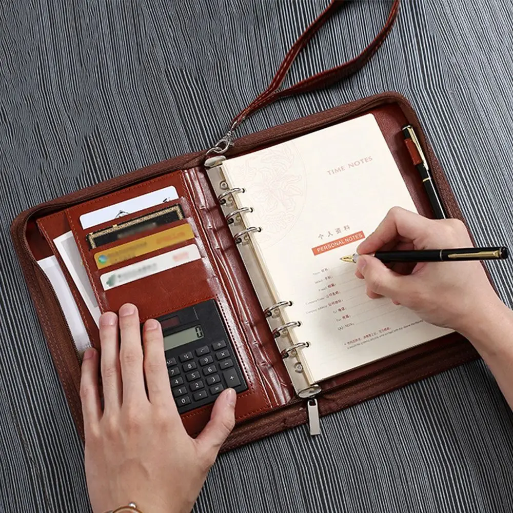 

Portable File Folder PU Leather 6-Ring Work Record Book with Calculator Zippered Closure Business Notebook Document Storage