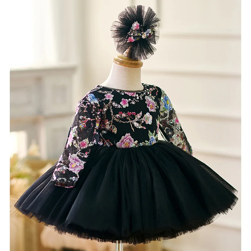 New Naturally fluffy girl dress birthday dance party sequin dress graduation banquet Big bow evening dress girls Wedding dresses