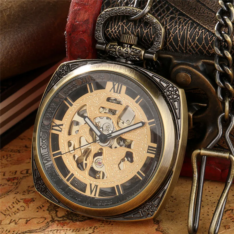 Classic Mechanical Pocket Watch Handwinding Skeleton Clock Roman Number Display Luminous Hands Timepiece with FOB Chain