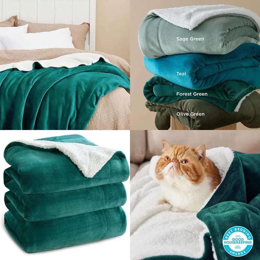 

King Size Sherpa Fleece Blanket - Thick & Warm Plush Throw, Soft Fuzzy Christmas Bed Blanket, Forest Green, 108x90 Inches