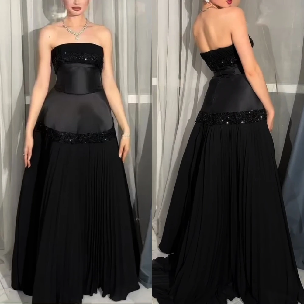 

Customized Chiffon Sequined Pleat Strapless A-line Long Dresses Bespoke Occasion Prom Women's Evening Elegant Party Gown Glitter
