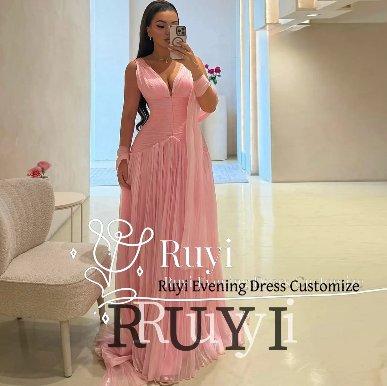 

Customized Shiny Pink V-Neck Sexy Evening Dresses 2025 Pleated Long Wedding Elegant Party Dress Shawl Prom Gown