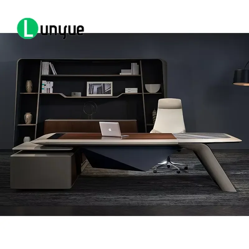 Modern L Shaped Executive Desk Wood Leather Computer Table for Manager CEO Office Furniture Luxury Home Workspace