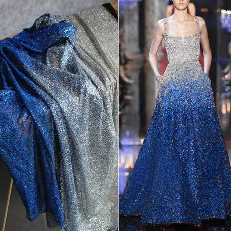 Glitter Bronzing Tulle Fabric Sparkle Sequins Blue Gradient Gold Silver DIY Decor Stage Dress Skirts Clothes 0.5m