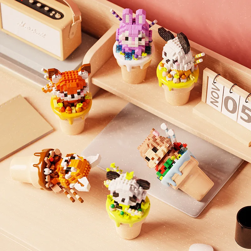 Klocki konstrukcyjne Ice Cream Panda Pochacco Fox Lesser Panda Hamster Kawaii Model 3D do składania Mini figurki z klocków Zabawki dla dzieci Prezent