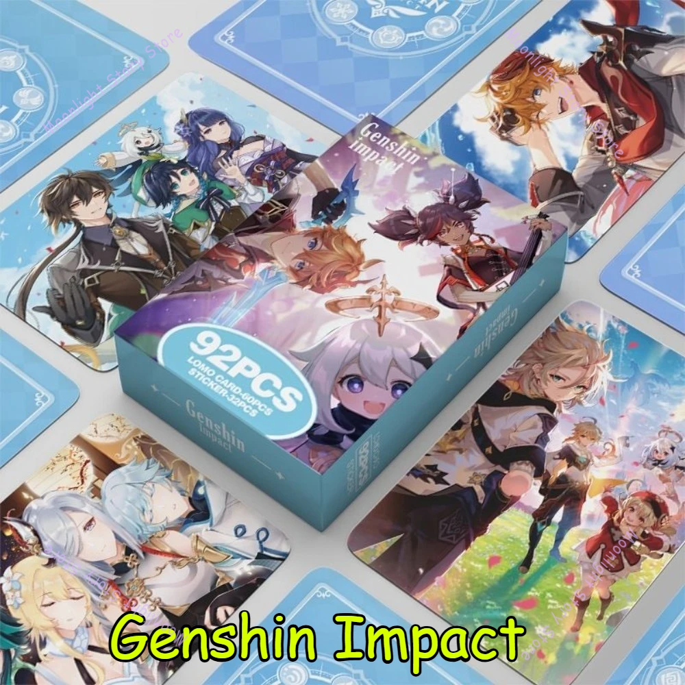 92 Uds Genshin pegatinas de tarjetas de impacto Zhongli Diluk nogal Klee Xiao Palace Dishia Thunder tarjeta de colección General regalo para fanáticos