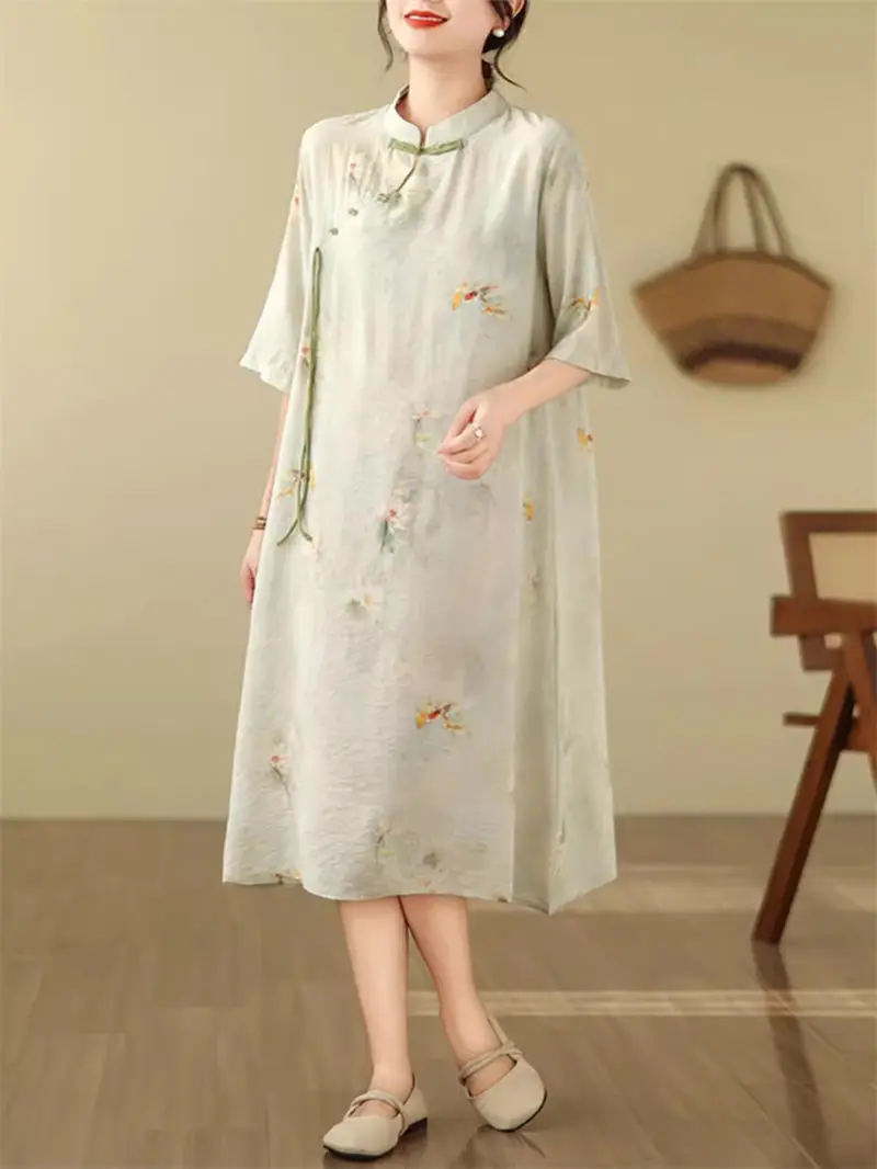 

Chinese Style Linen Stand Collar Button Print Loose Qipao Dress Temperament Versatile Medium Length A-Line Dress For Women z4878