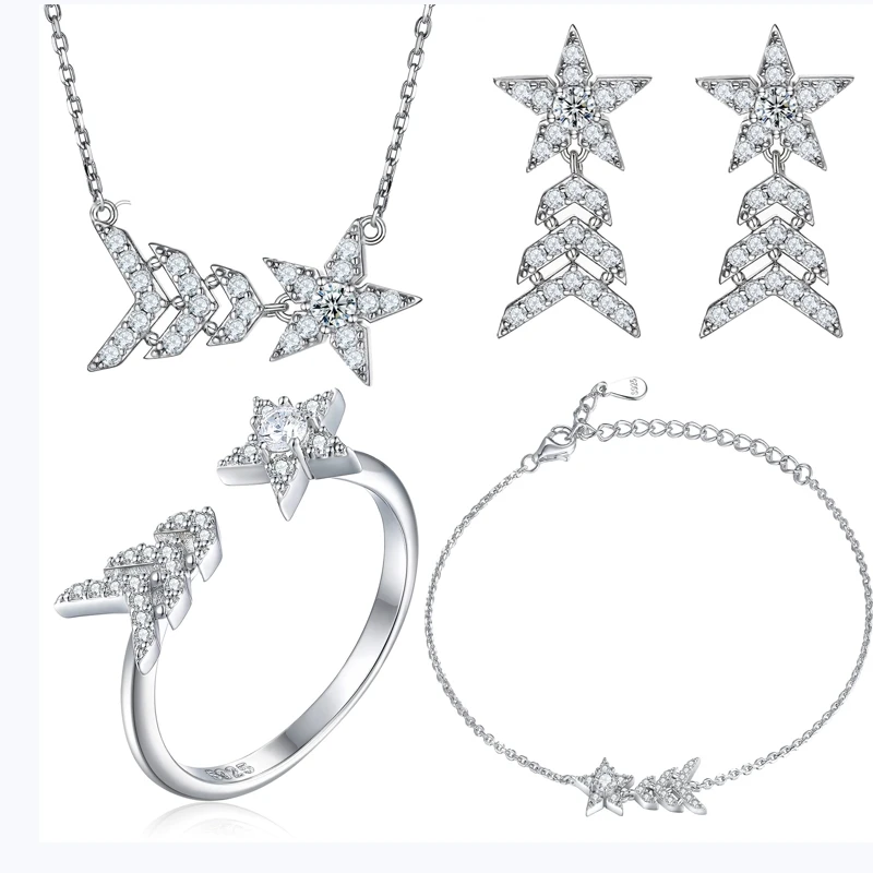 S925 sterling silver open ring, fringed earrings, star necklace, high-end sterling silver big-brand jewelry set, four-piece set