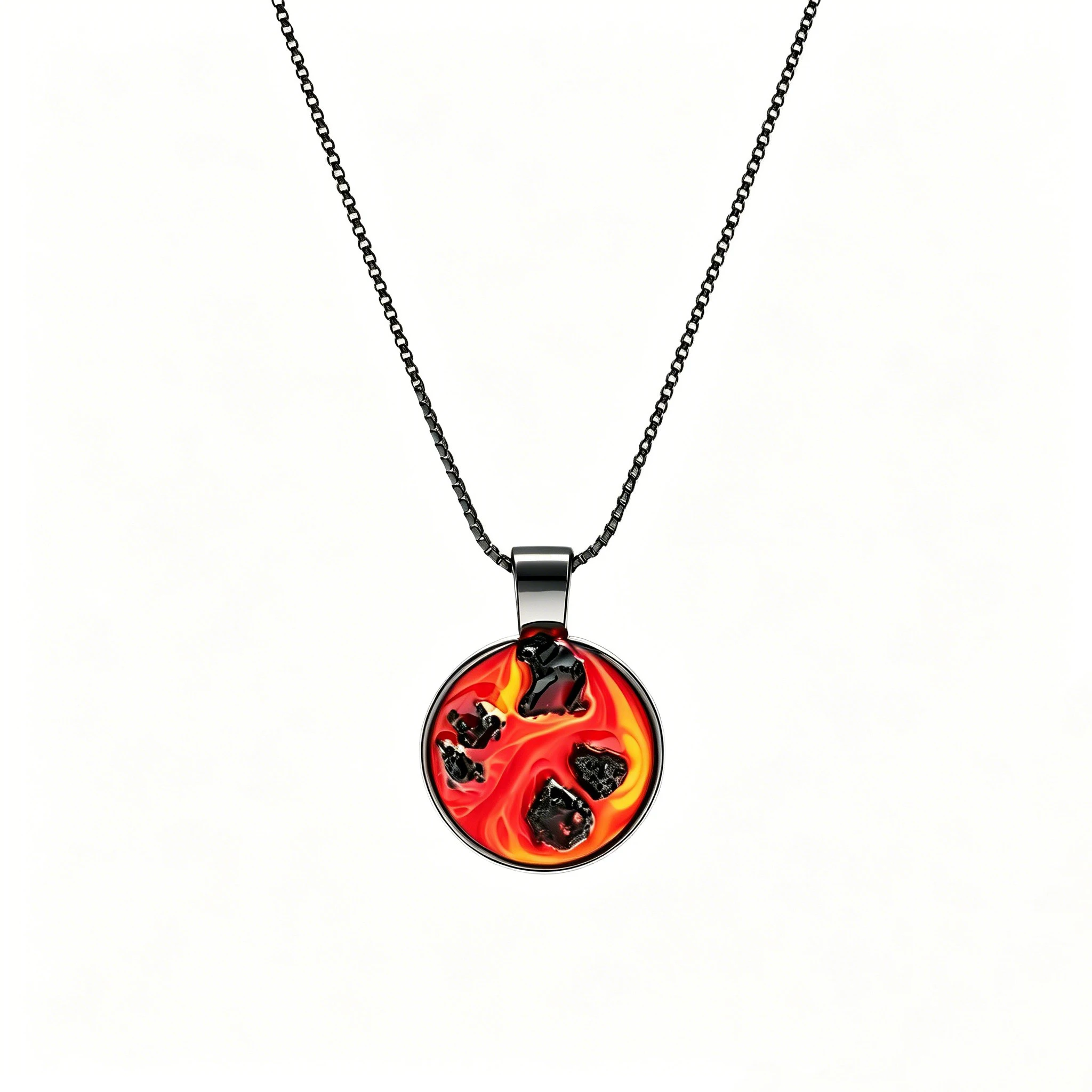 

Volcanic Lava Stone Pendant Necklace, Stainless Steel Chain, Handmade Resin, Fire Theme, Round