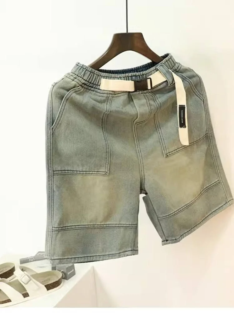 

Summer Youth Casual Jeans Shorts Men's Trendy Hip Hop Washed Five-Point Elastic Waist Straight Leg Pants Loose Fit Short Length