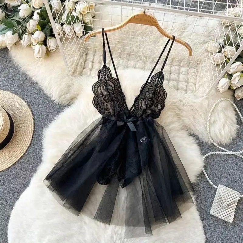Lencería de corte bajo ajustada de malla transparente, minivestido Sexy, conjunto de lencería caliente, mono erótico sin entrepierna para adultos, conjunto de lencería con Tanga