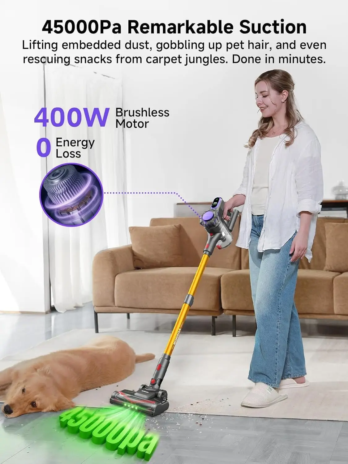 Aspirador de pó sem fio 45KPa 400W, aspirador leve para pêlos de animais de estimação, carpetes e pisos, tempo de execução de 50 minutos, dourado e roxo