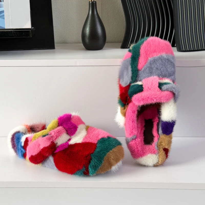 Women's Mules and Clogs Mink Fur Slippers Winter Women'S Slippers Color Blocking Fur Slides Plush Fur Clogs Shoes for Woman view 6