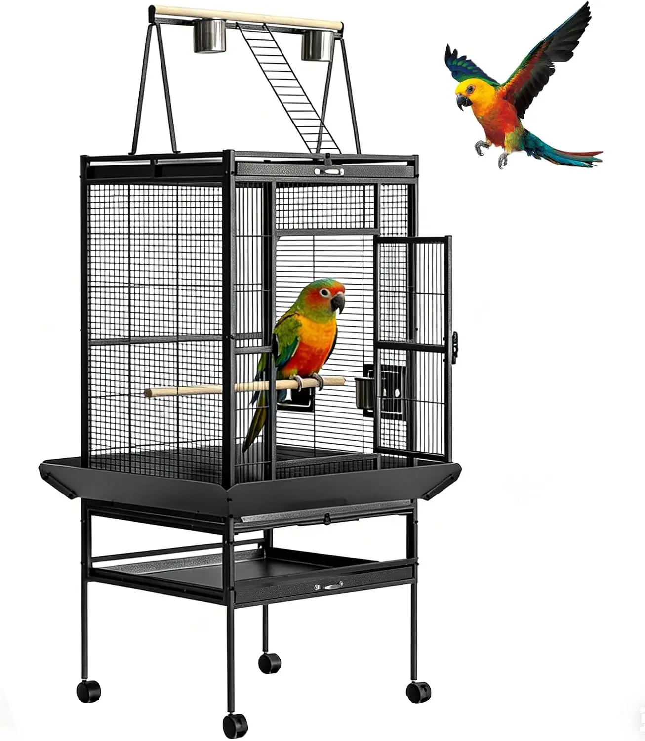 69-Inch Aviary Bird Cage with Rolling Stand, Spacious Parakeet and Lovebird Cage with Storage Shelf, Removable Tray, Perch, and 2 Feeding Bowls