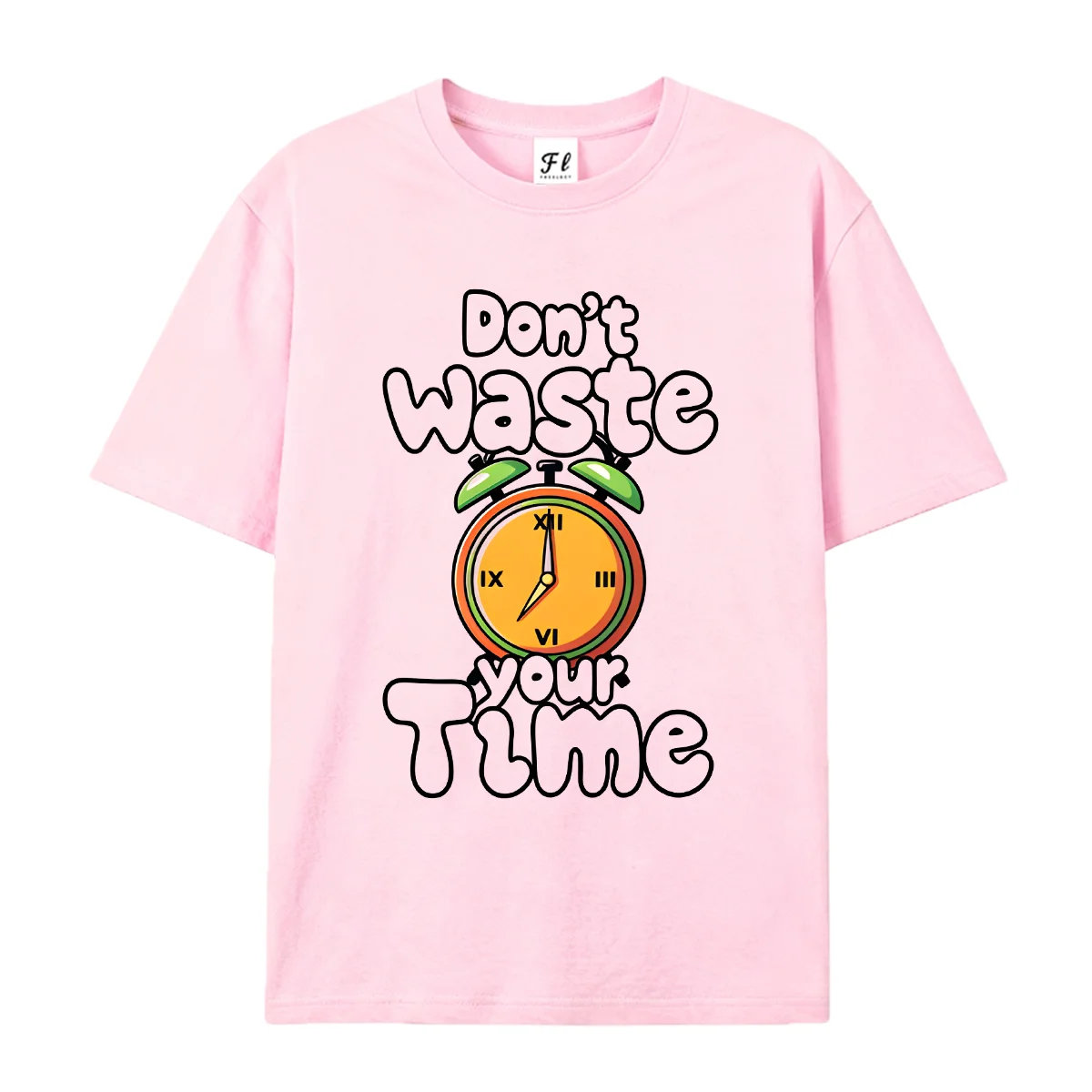 Unisex Short Sleeve T Shirt Don’t Waste Your Time Cartoon Alarm Clock Print Casual Cotton Tees For Men Women Motivational Slogan