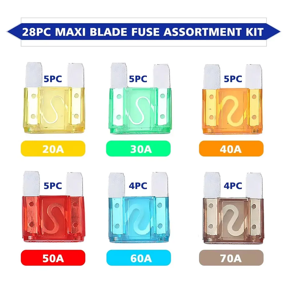 28 Pieces Maxi Blade Fuse Assortment, 20A 30A 40A 50A 60A 70A Big Fuse Kit, Large Size Fuses for Car, SUV, Motorcycle, Truck