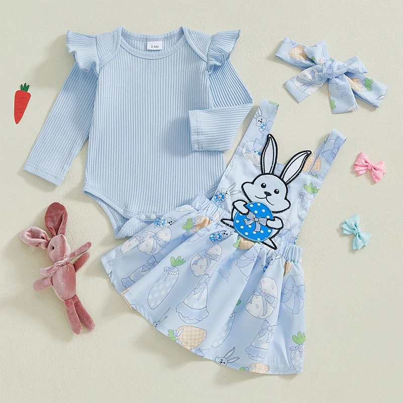 Baby Girl Easter Outfit Ribbed Ruffle Long Sleeve Romper Rabbit Suspender Skirt Bow Headband 3 Pcs Spring Set