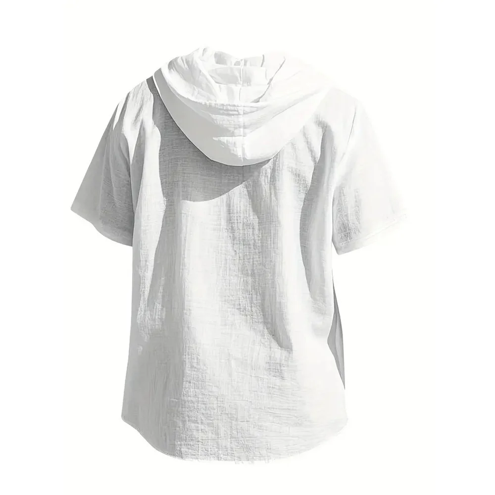 Sommer männer Mit Kapuze Baumwolle Leinen Hemd Einfarbig Atmungsaktive Leichte Kurzarm Kordelzug Design Tees Männlich Casual Tops – Detail 3