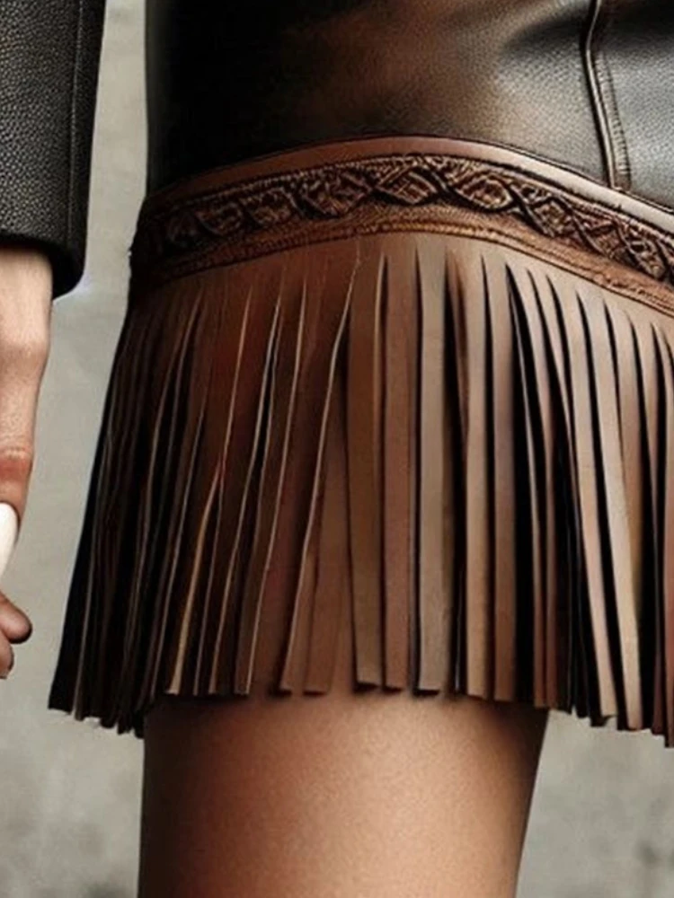 

Винтажная женская юбка из искусственной кожи в стиле вестерн, облегающая мини-юбка с высокой талией и кисточками, модные облегающие вечерние юбки
