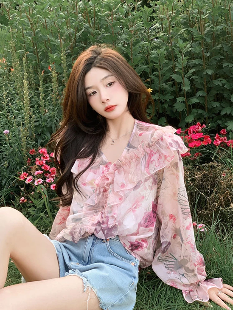 Blouses Women Ins Soft Retro Lady Tops Elegant V-neck Casual Cozy Stylish Autumn All-match Vacation Ulzzang Student Temperament