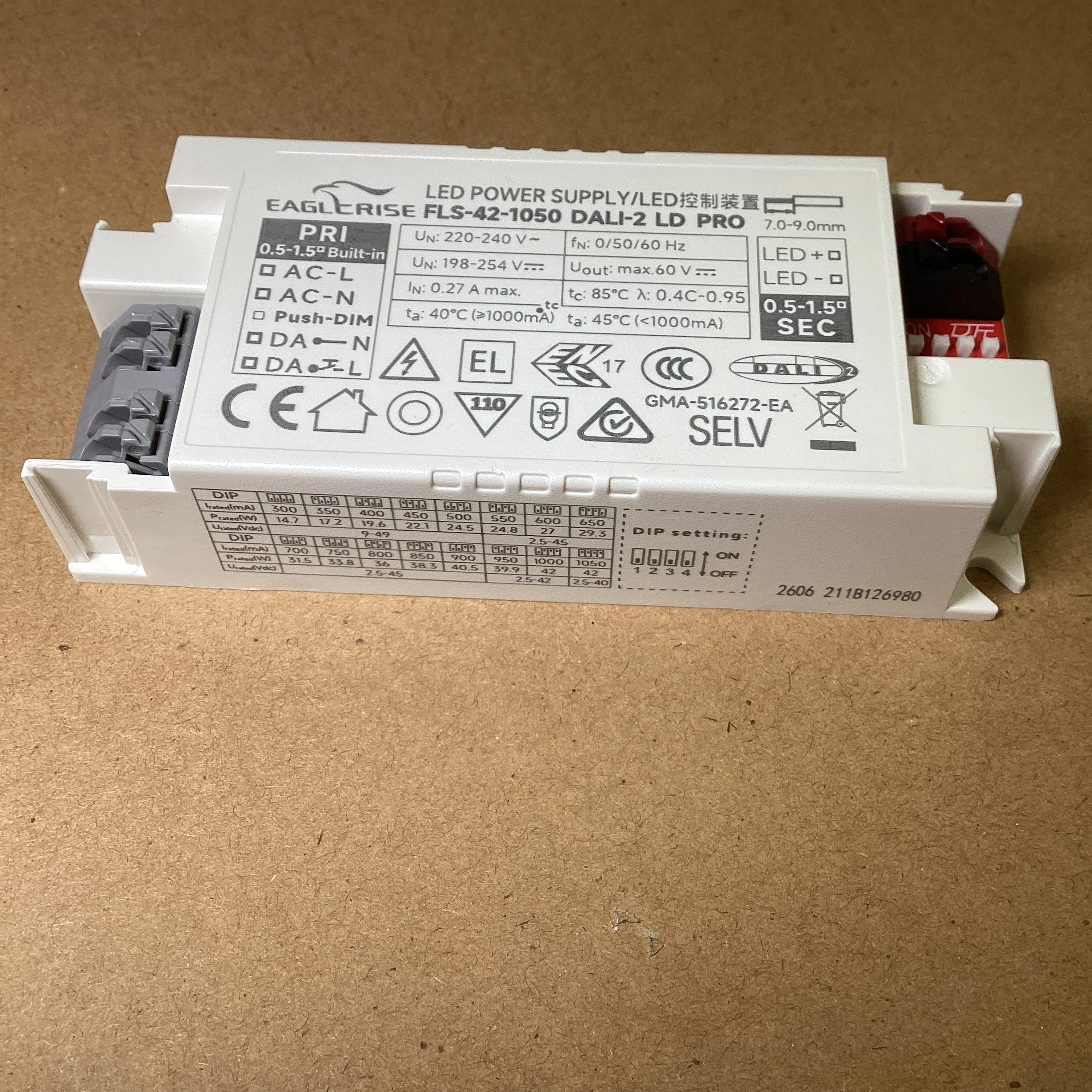 EAGLERISE 22mm Height 42W Ulit Thin DALI Dimmabl LED Driver FLS-42-1050 DALI-2 LD PRO Built-in Constant Current 300mA-1050mA