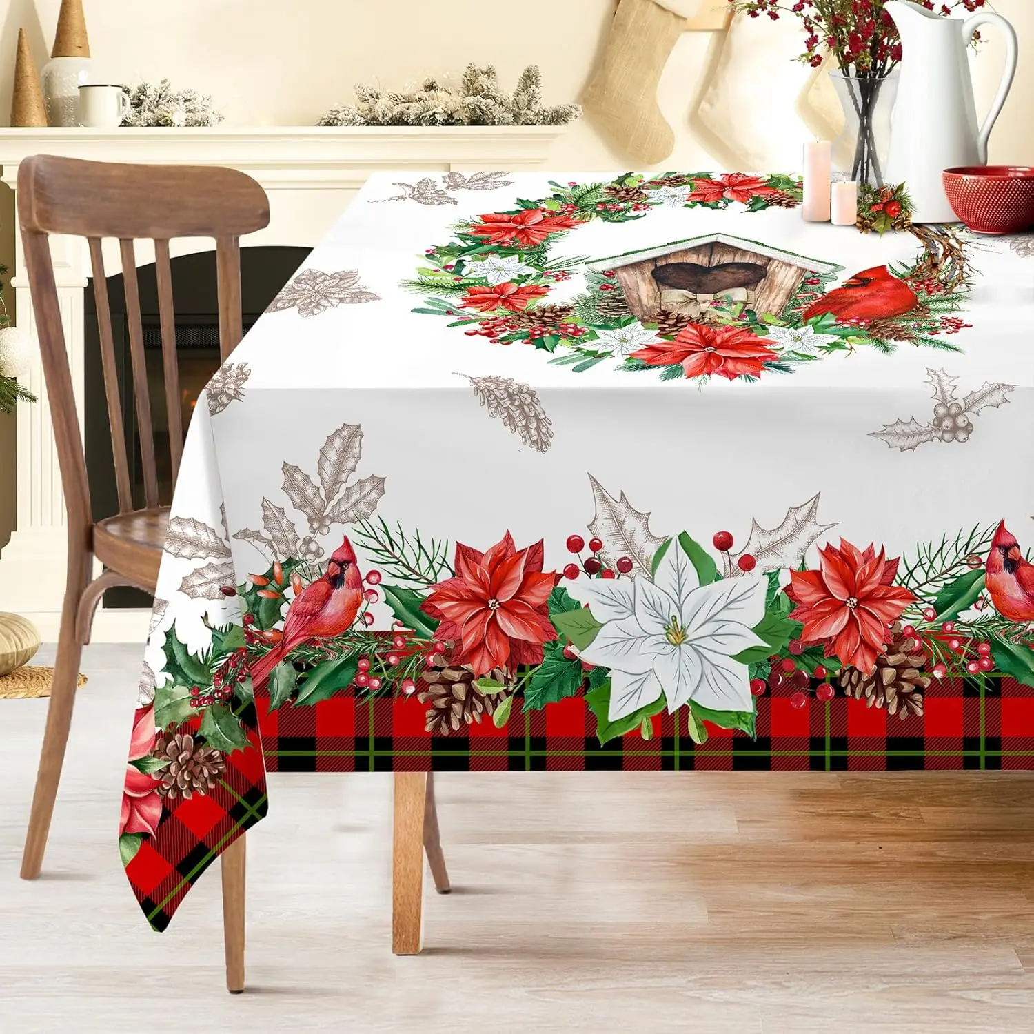 Christmas Poinsettia Floral Rectangle Tablecloth Wedding Party Decor Winter Xmas Flower Plaid Table Cloths Navidad Decorations