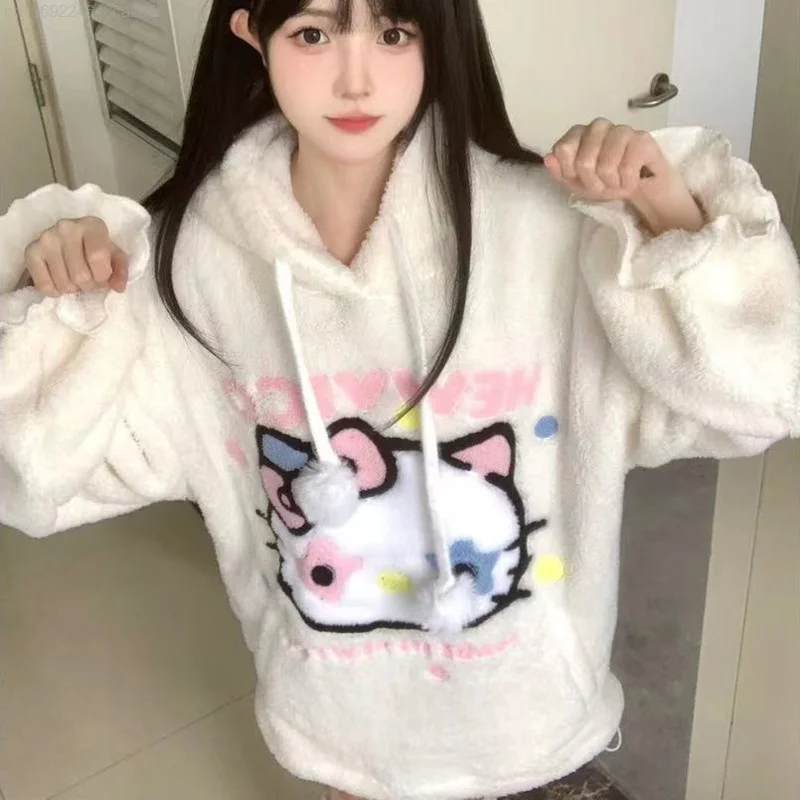 Imagem -03 - Hoodie de Pelúcia Hello Kitty Sanrio Feminino Pulôveres Macios Tops Kawaii Estilo Japonês Moletons de Desenhos Animados Doce Novo Outono Inverno Y2k