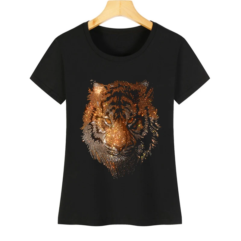 Diamond tiger head summer new women\'s T-shirt crystal diamond sewn fashionable short-sleeved casual shirt round neck blouse