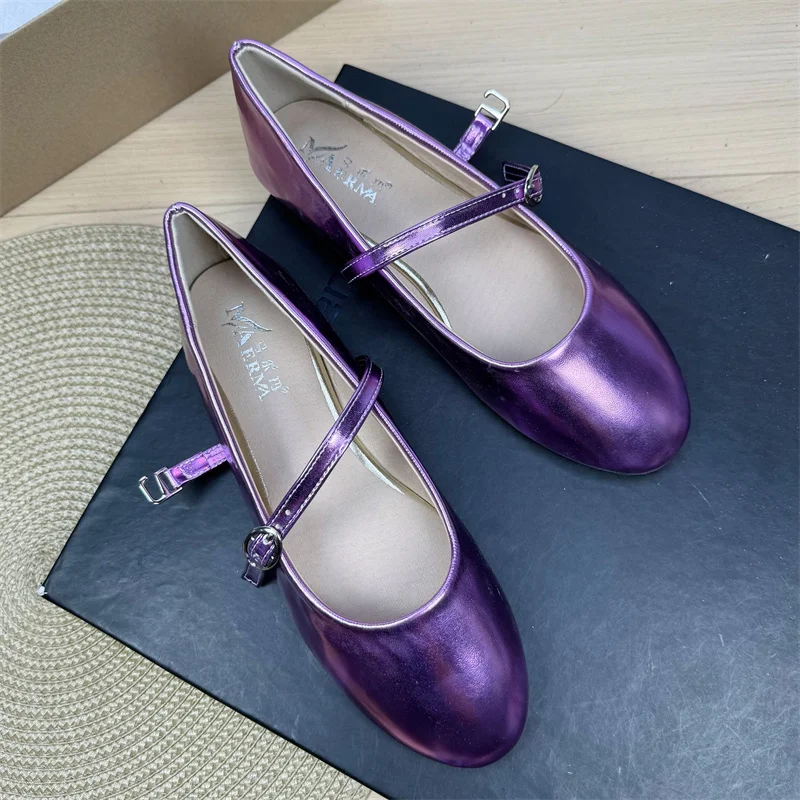 2025 Spring New Mary Jane Women Fashion Casual Leather Shoes Solid Buckle Strap Shallow Flats for Woman Comfortable Purple