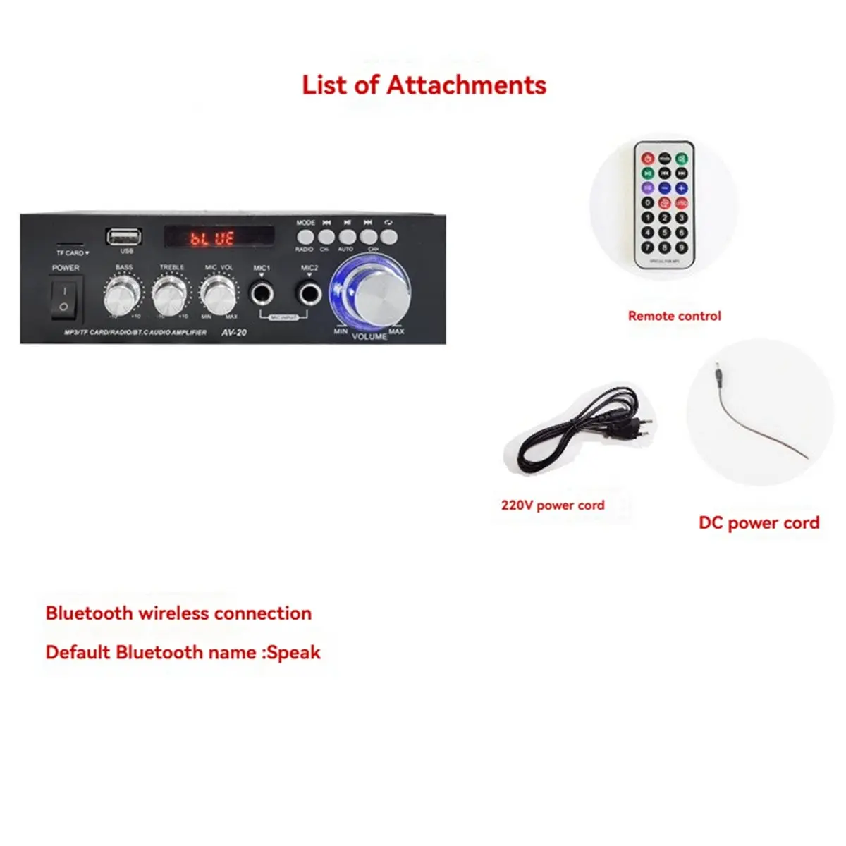 A69ZBG! AV-20 HiFi Digital Amplifier 2 Channel 2.0 Bluetooth Surround Sound AMP Speaker for Home Car Theater Karaoke EU PLUG