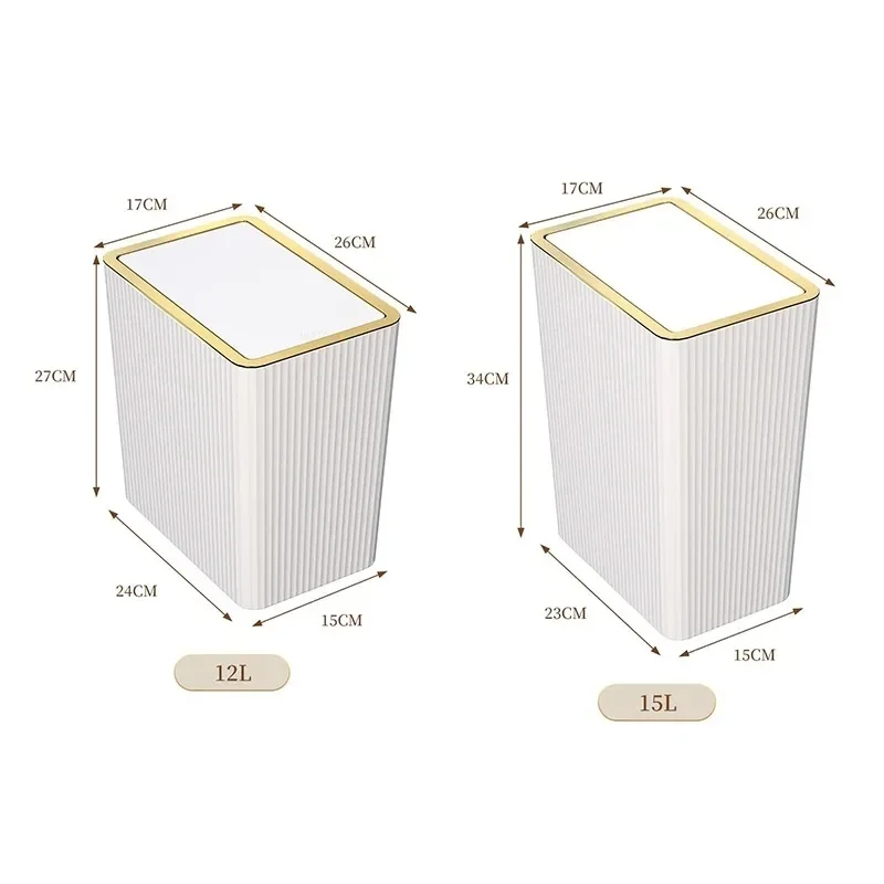 12/15L Trash Can with Lid Semi Automatic Luxury Slim Large Capacity Bin Toilet Living Kitchen Bedroom Waterproof Garbage Bin Can