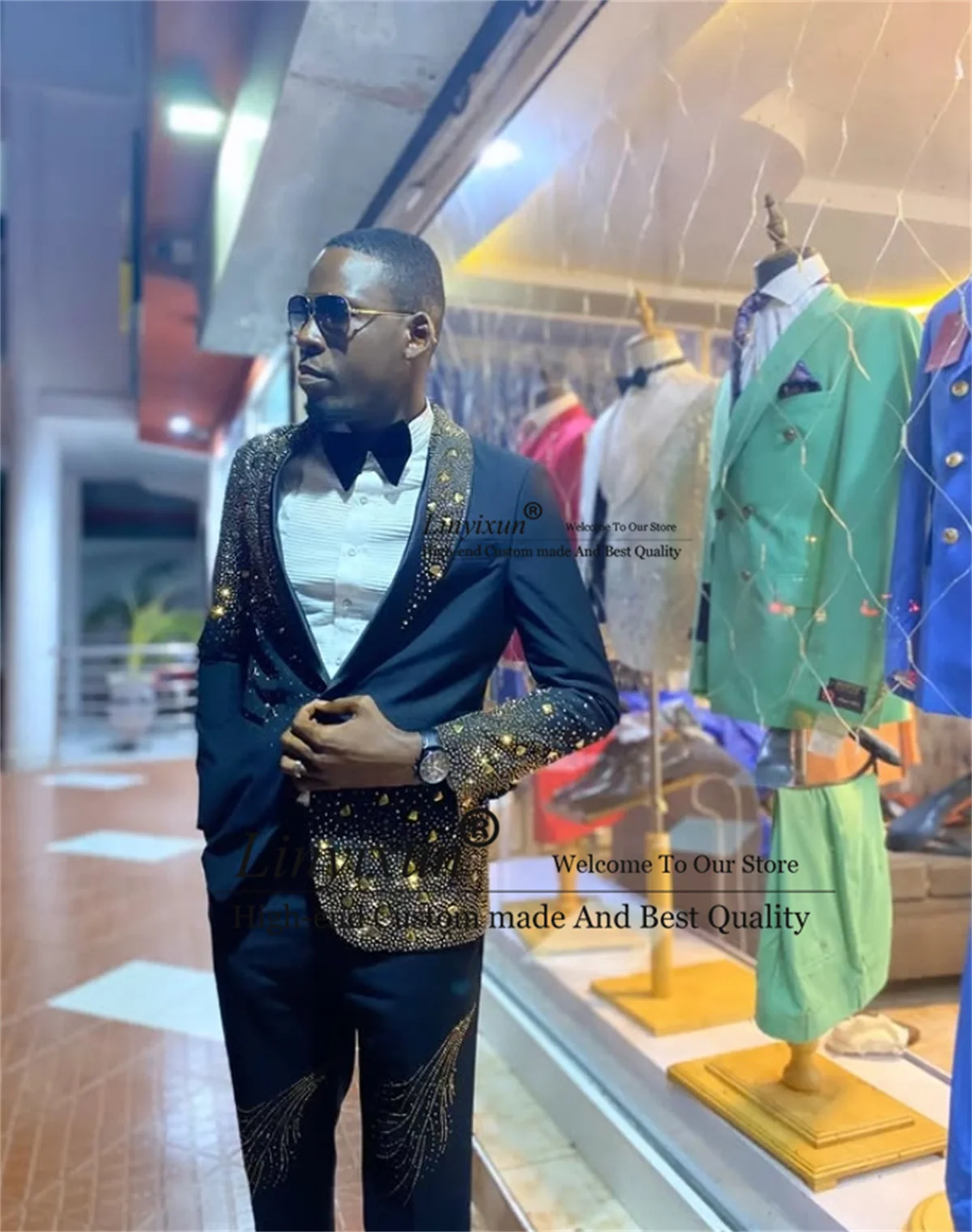 Luxury Beaded Diamond Men Suits 2 Pieces Sets Wedding Groom Tuxedos Slim Fit Business Male Prom Blazer Customized Costume Homme