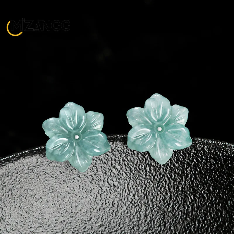 

Natural A-goods Jadeite Blue Water Orchid Earrings 925 Silver Inlaid Simple Ancient Style Ice Jade Petal Earrings Ladies Gift