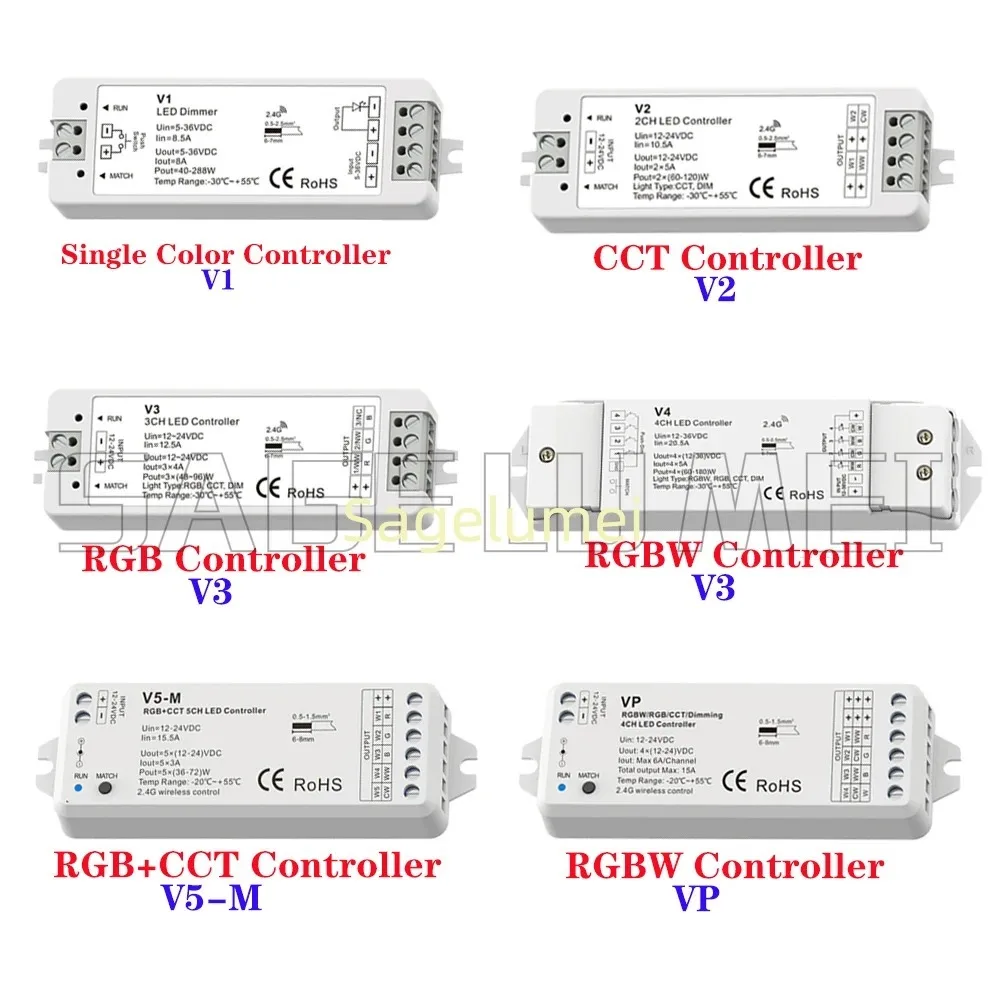 Skydance V1-V5 VP V5-M 1-5CH LED Controller DC12V-24V Dimming/CCT/RGB/RGBW/RGB+CCT Controller 2-Button Waterproof IP67 2.4G RF