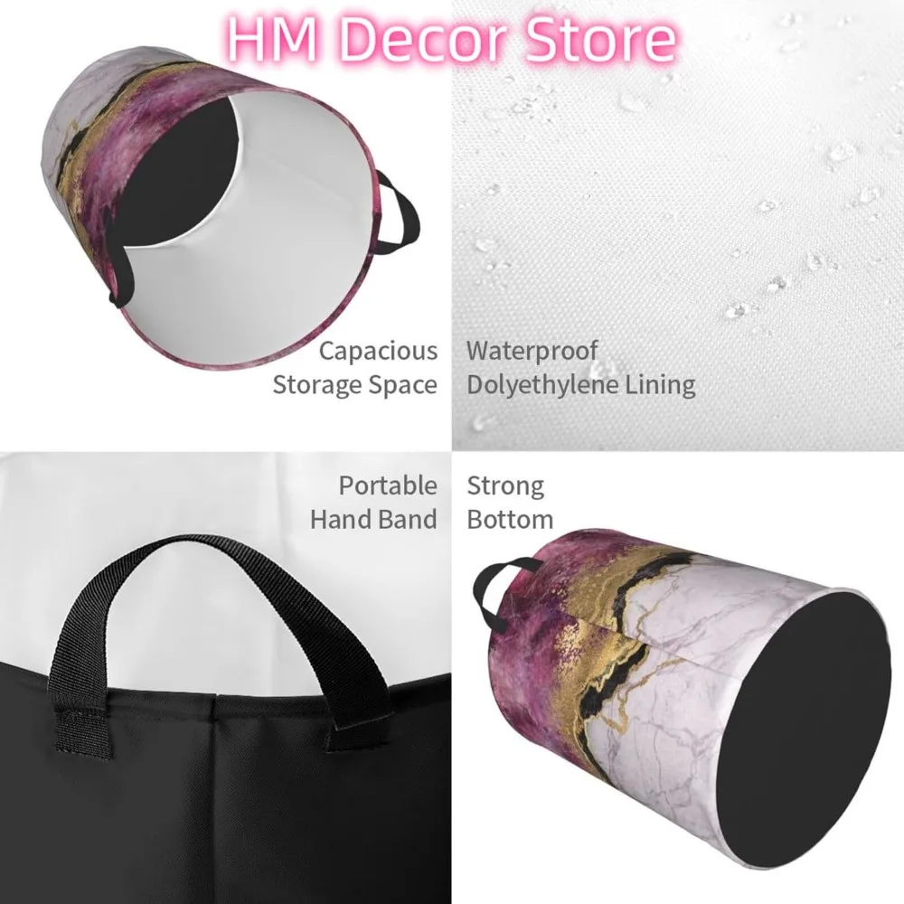 سلة الغسيل الرخام الوردي مع الأوردة الذهبية قماش أكسفورد سلة الغسيل القابلة للطي مع مقبض للمطبخ غرفة النوم #4