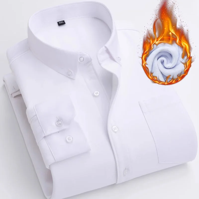 Thickened Fleece Business Casual Shirt for Men Warm Autumn Winter Long Sleeve Youth Wear Polyester Fiber Non-Iron Wear Resistant