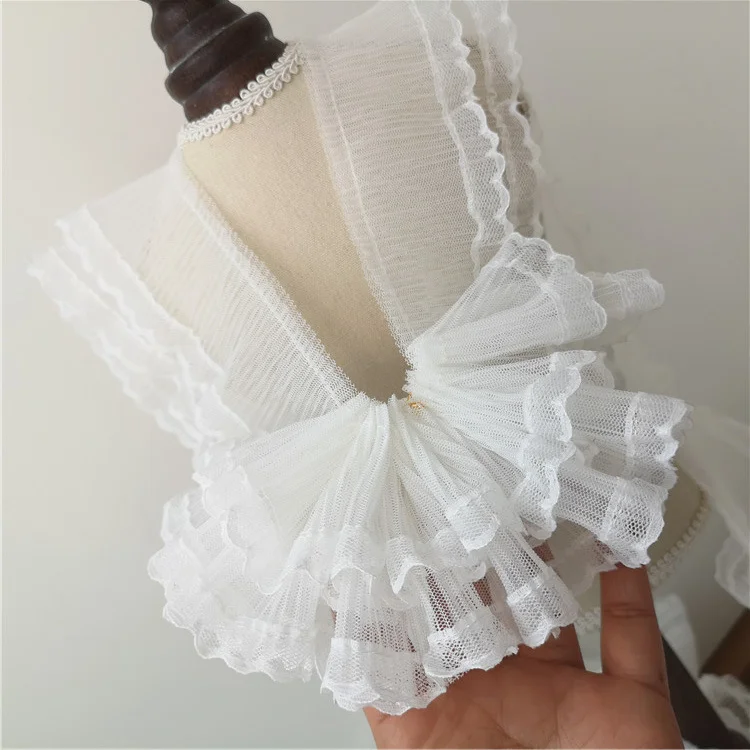 White Double Layers Tulle Mesh Frilled Lace Fabirc Embroidery Fringed Ribbon Elastic Ruffle Trim Dress DIY Sewing Guipure Decor